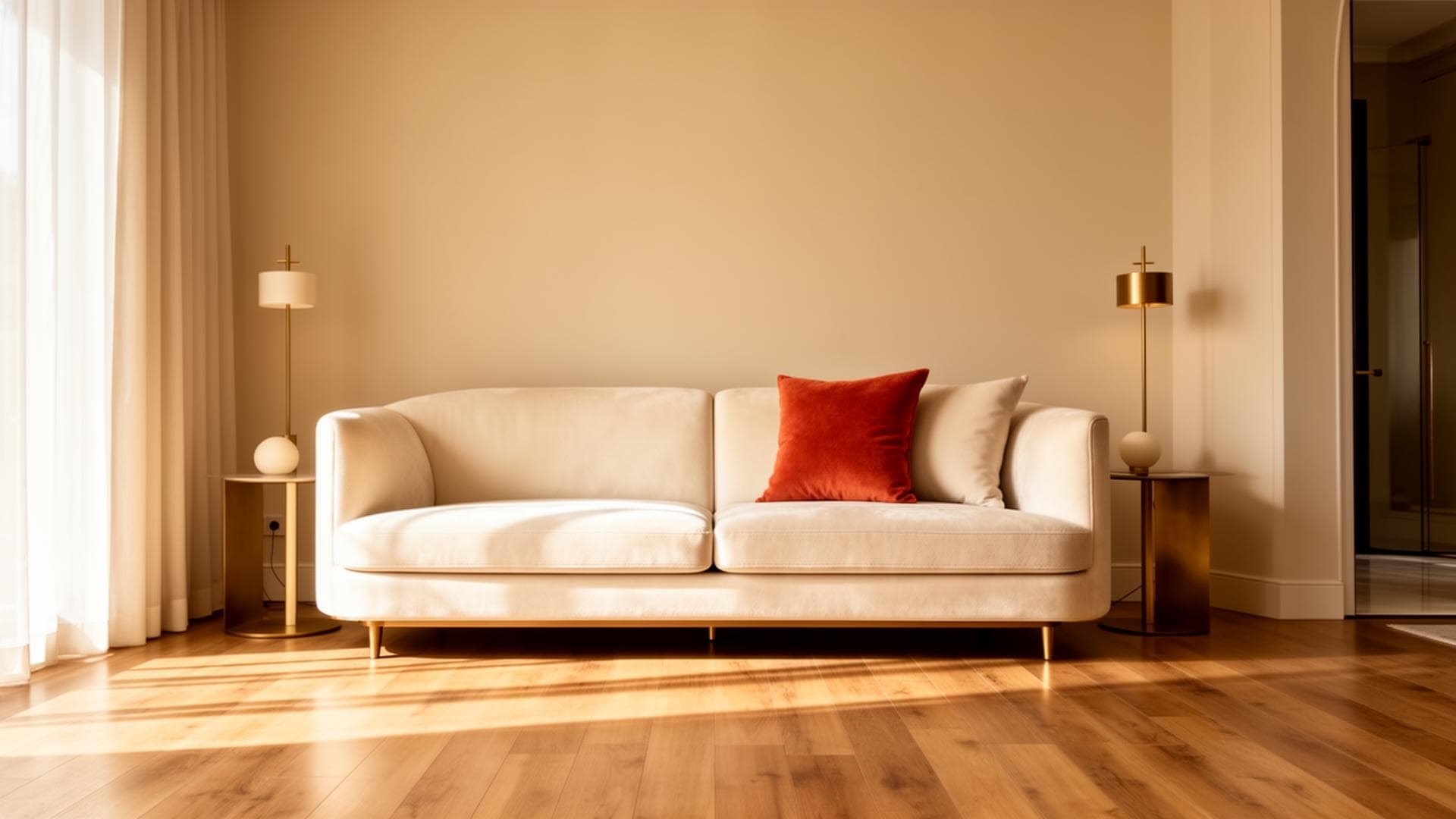 Premium living room with cream sofa and warm lighting